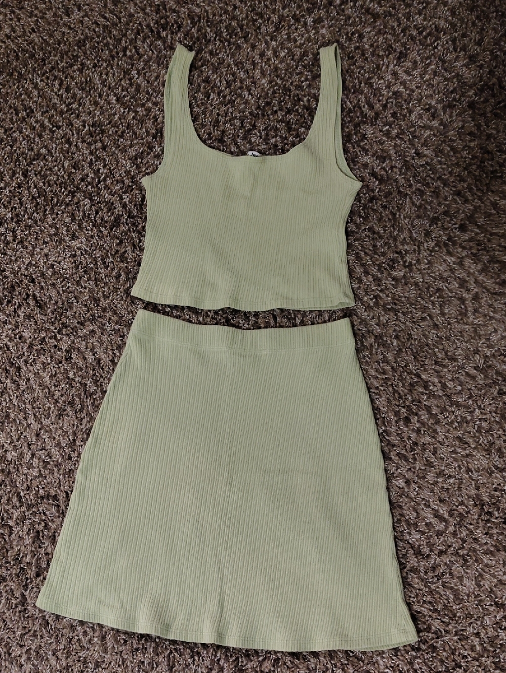Reformation Light Olive Ribbed Two-Piece Skirt Set